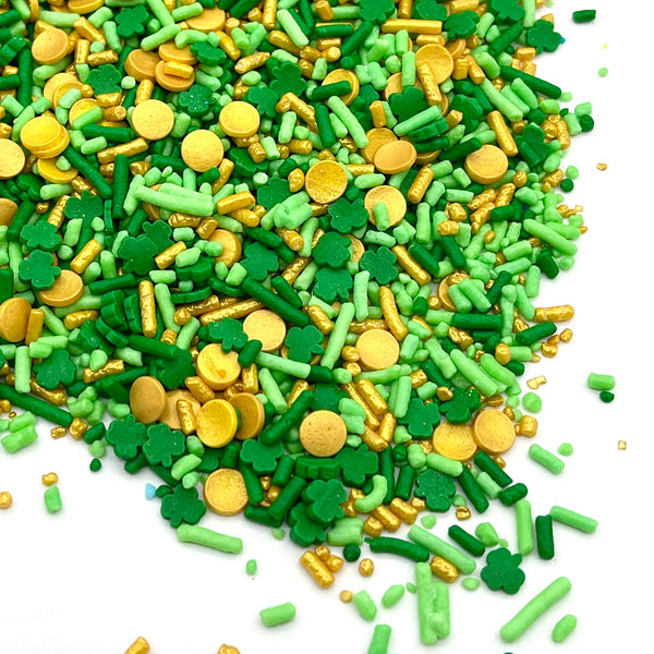 Shamrock confetti quins, cake sprinkles, green cookie decorations, St Patricks day cake