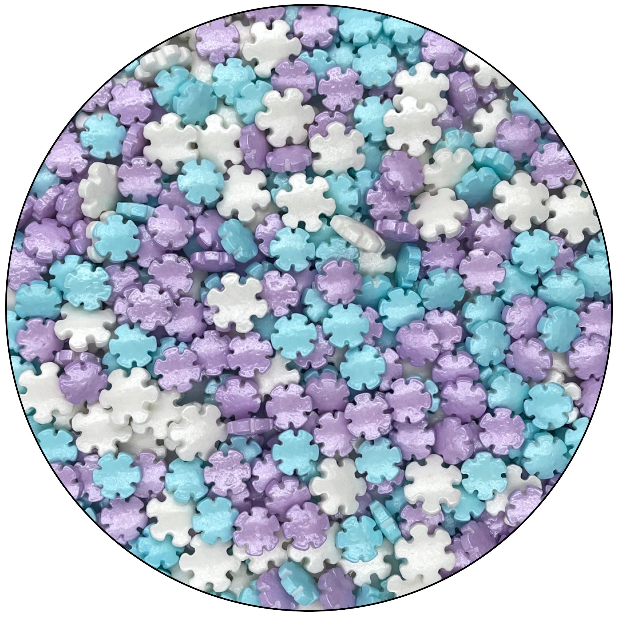 Snowflake shaped candy sprinkles, blue and purple snowflake sprinkles, cake decorations, cookie topping, dessert sprinkles